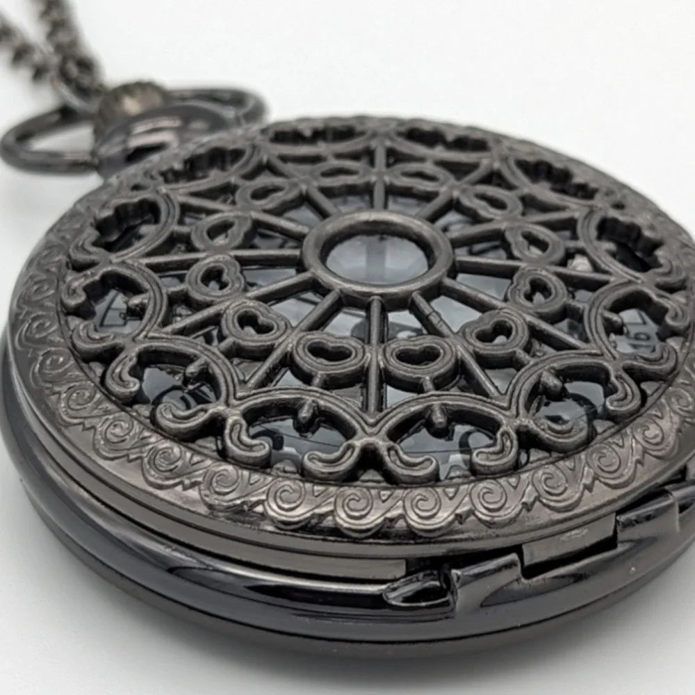 Pocket Watch NEW Black Cutout Spiderweb Gift Vintage Look - Picture 5 of 6